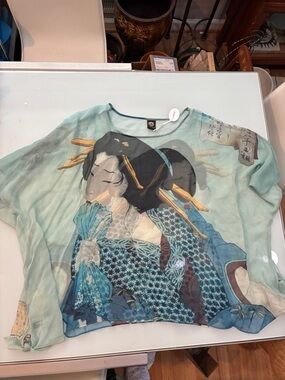 NWT silk double sided Sheer Asian  Geisha Print top Cocoon House